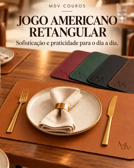 Post: jogo americano retangular de couro caramelo com prato, com o título "Jogo americano retangular"