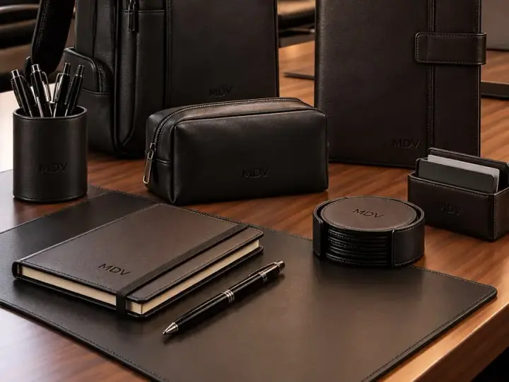 Kit corporativo em couro com necessaire, caderno e porta-canetas